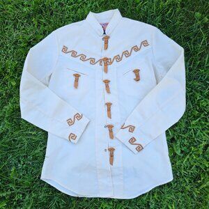 True Vintage 1970's Western  Leather Trimmed Cowboy Rodeo Button Down Shirt